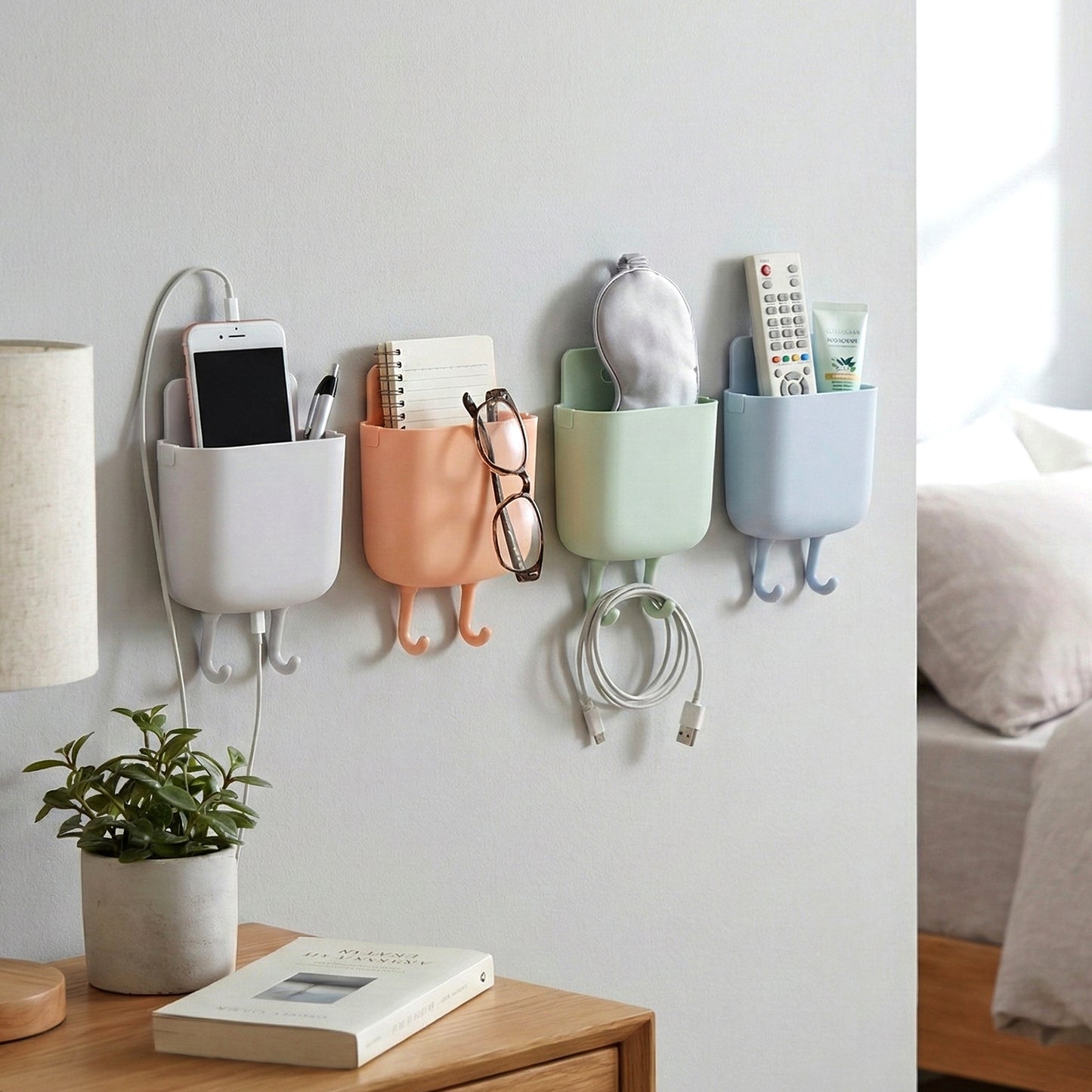 Multi-purpose Plastic Wall Mounted Mobile Charging Holder Set (4 Pc)